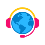 SpanishClassesNearMe.online logo showing a blue globe with pink headphones, symbolizing global online Spanish learning.