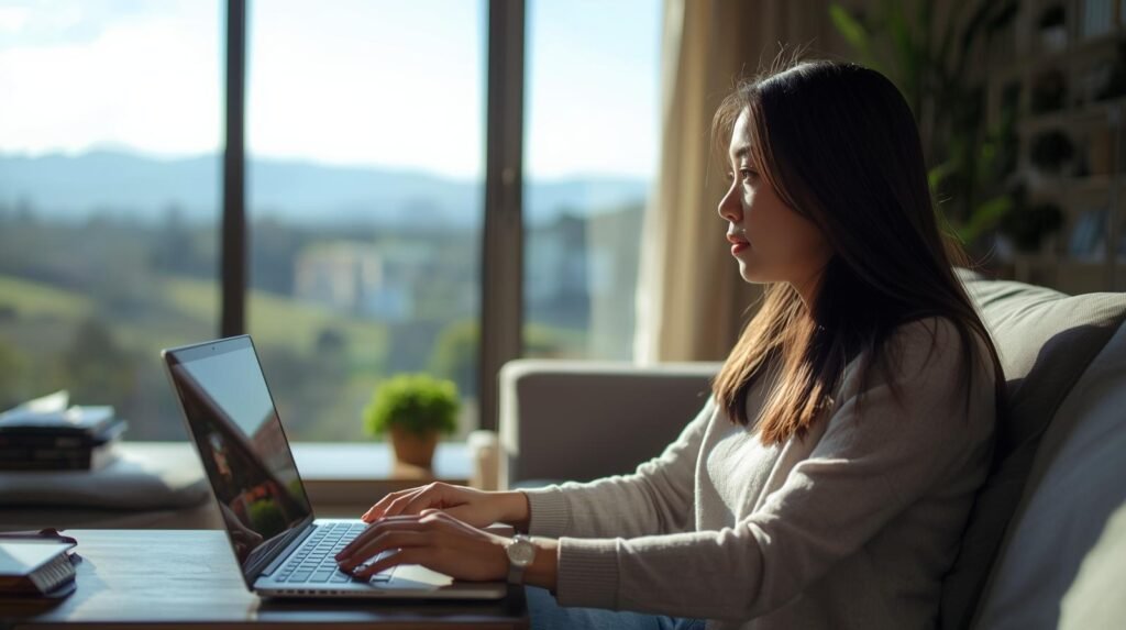 woman studing spanish clases online in a living room great view outsite Woman learning Spanish online in her living room with a great outside view.